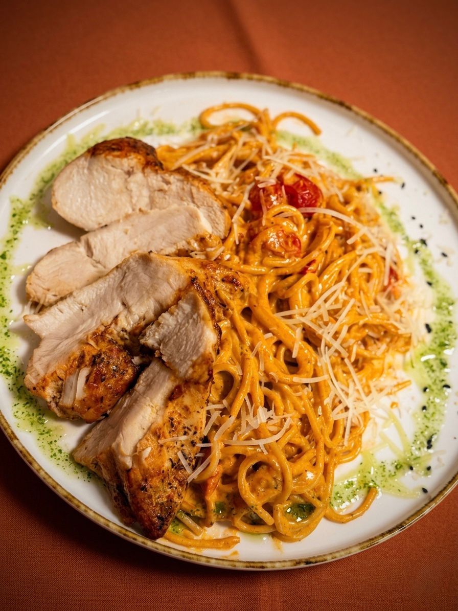 Spaghette cu sos cremos si steak din piept de pui